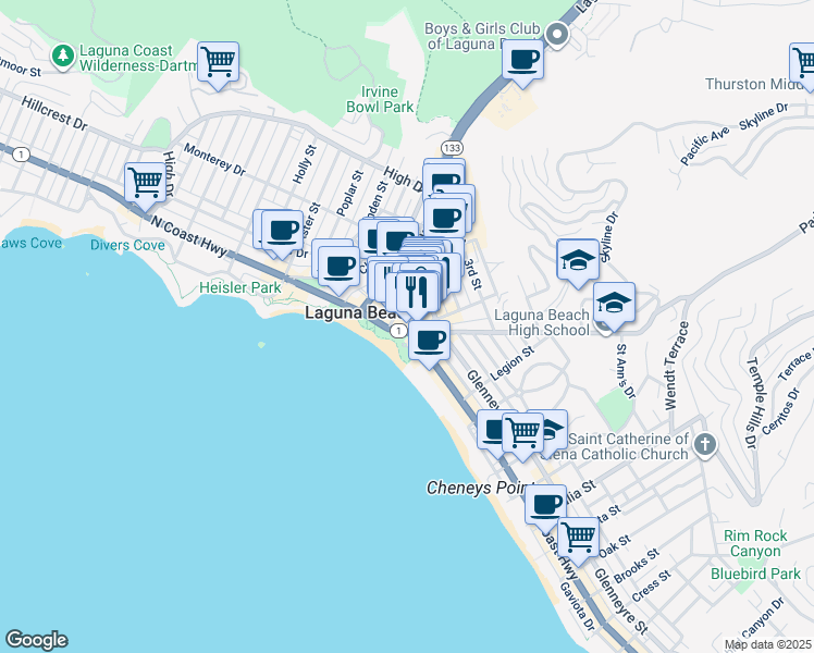 map of restaurants, bars, coffee shops, grocery stores, and more near 260 Forest Avenue in Laguna Beach