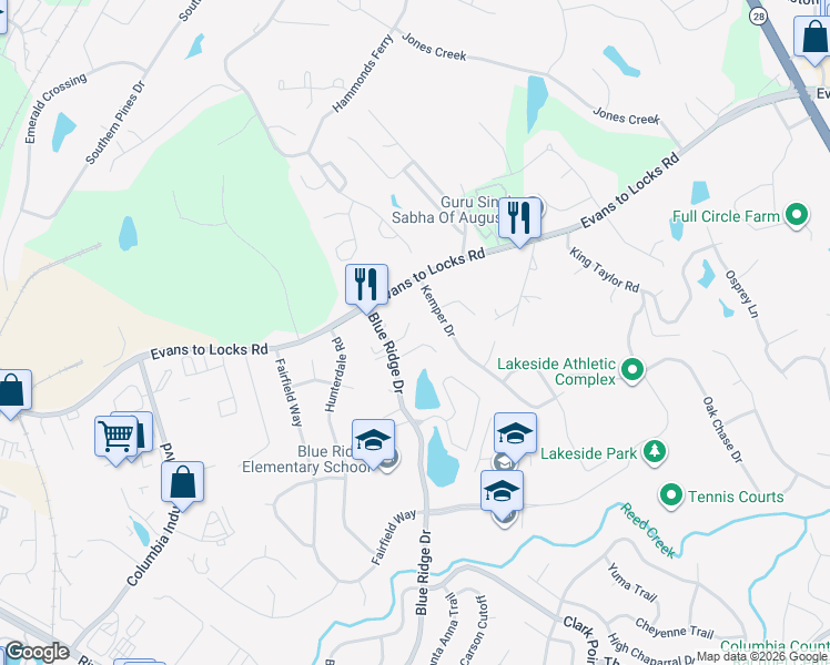 map of restaurants, bars, coffee shops, grocery stores, and more near 712 Lakeside Landing Court in Evans