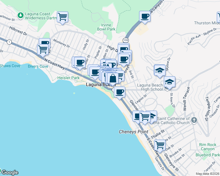 map of restaurants, bars, coffee shops, grocery stores, and more near 214 South Coast Highway in Laguna Beach