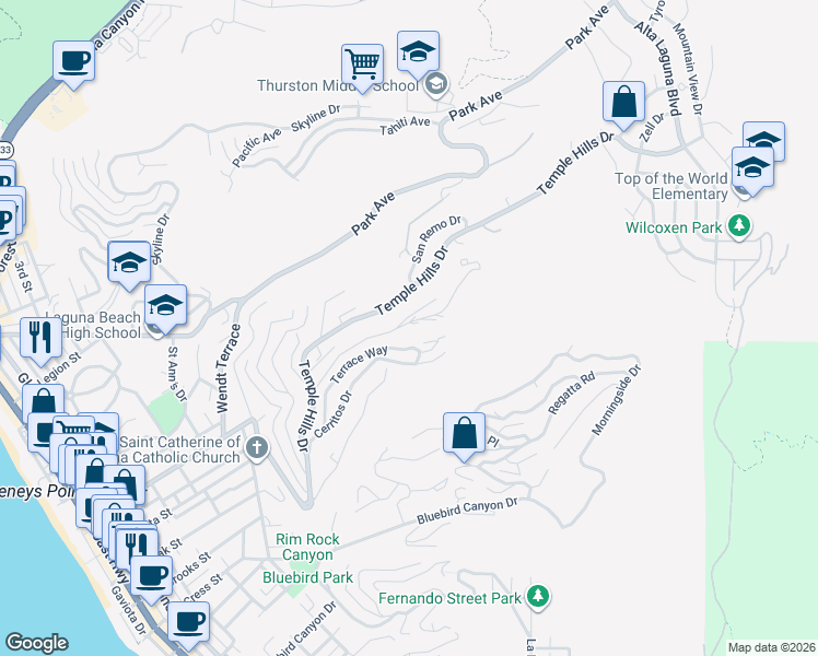 map of restaurants, bars, coffee shops, grocery stores, and more near 1863 Rim Rock Canyon Road in Laguna Beach