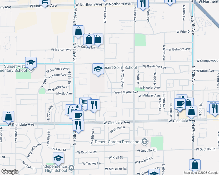 map of restaurants, bars, coffee shops, grocery stores, and more near 7262 West Northview Avenue in Glendale