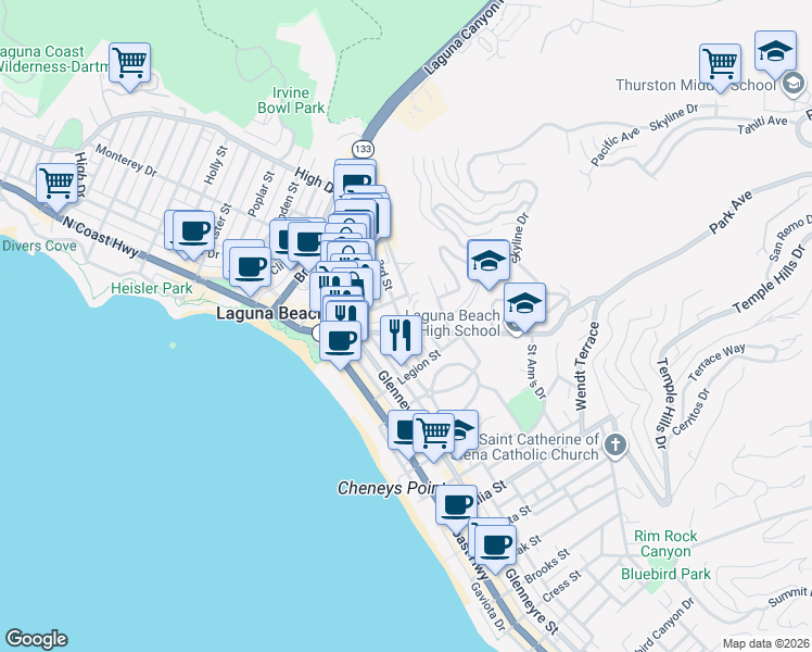 map of restaurants, bars, coffee shops, grocery stores, and more near 486 3rd Street in Laguna Beach