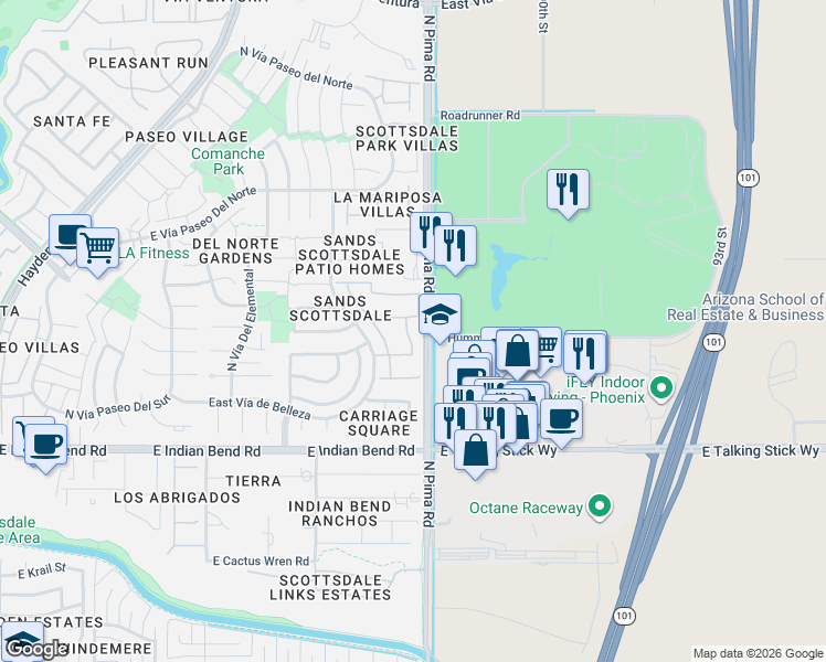 map of restaurants, bars, coffee shops, grocery stores, and more near 8744 East Vía De Dorado in Scottsdale