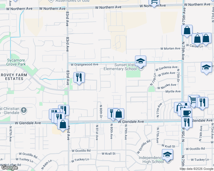 map of restaurants, bars, coffee shops, grocery stores, and more near 7326 North 79th Lane in Glendale