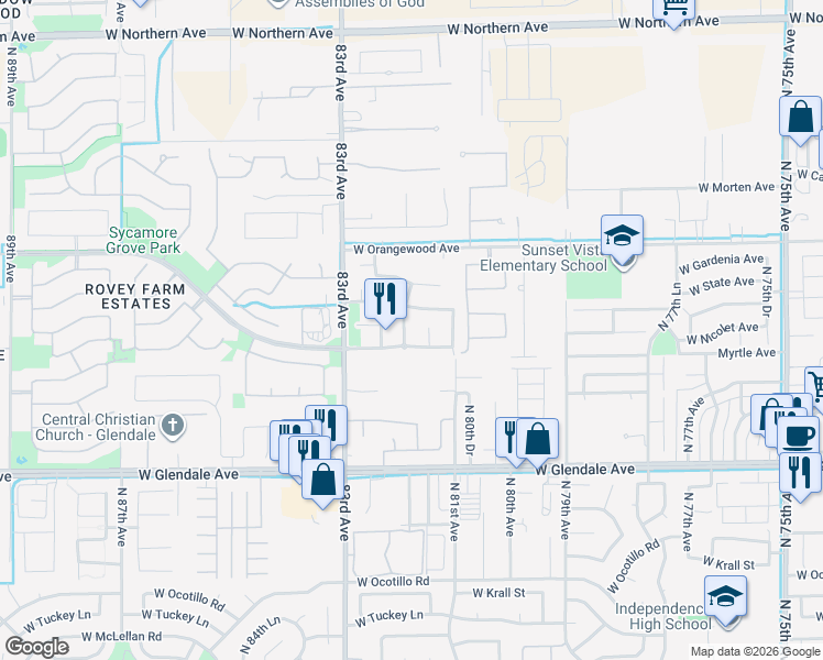 map of restaurants, bars, coffee shops, grocery stores, and more near 8132 West State Avenue in Glendale