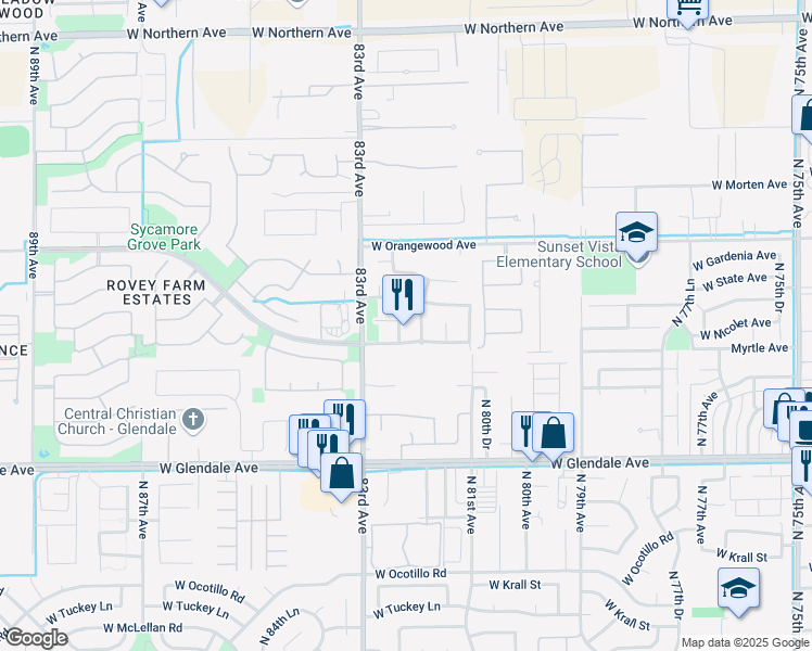 map of restaurants, bars, coffee shops, grocery stores, and more near 7339 North 82nd Drive in Glendale