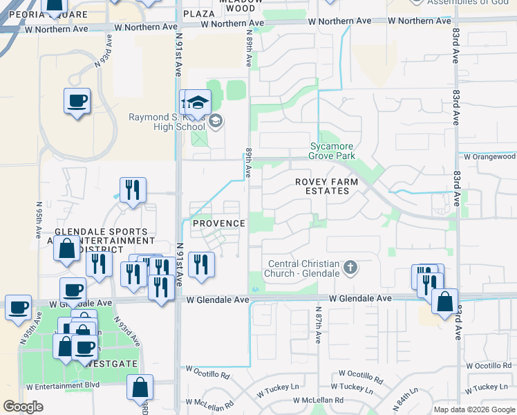 map of restaurants, bars, coffee shops, grocery stores, and more near 8812 West State Avenue in Glendale