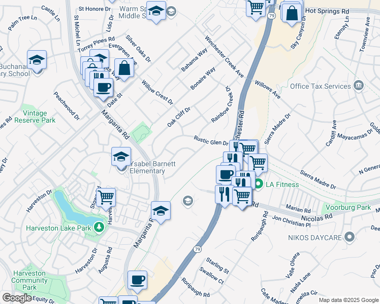 map of restaurants, bars, coffee shops, grocery stores, and more near 39634 Rustic Glen Drive in Temecula