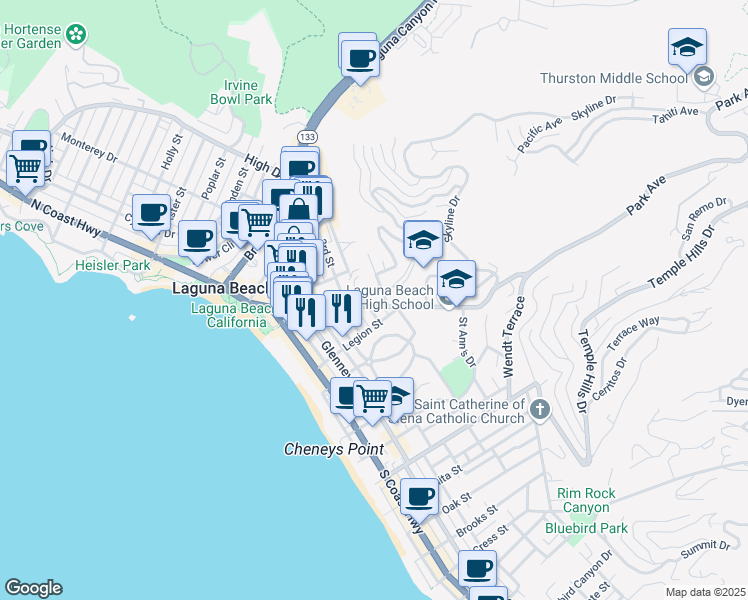 map of restaurants, bars, coffee shops, grocery stores, and more near 510 Blumont Street in Laguna Beach