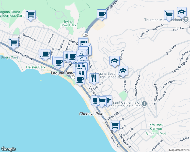 map of restaurants, bars, coffee shops, grocery stores, and more near 421 Loma Terrace in Laguna Beach