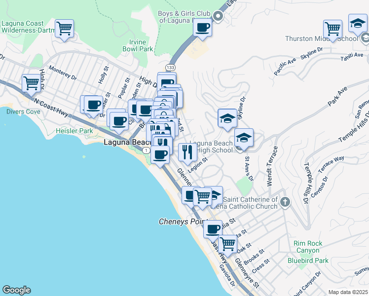 map of restaurants, bars, coffee shops, grocery stores, and more near 421 Loma Terrace in Laguna Beach