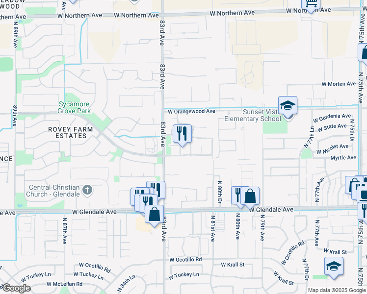 map of restaurants, bars, coffee shops, grocery stores, and more near 7339 North 82nd Drive in Glendale