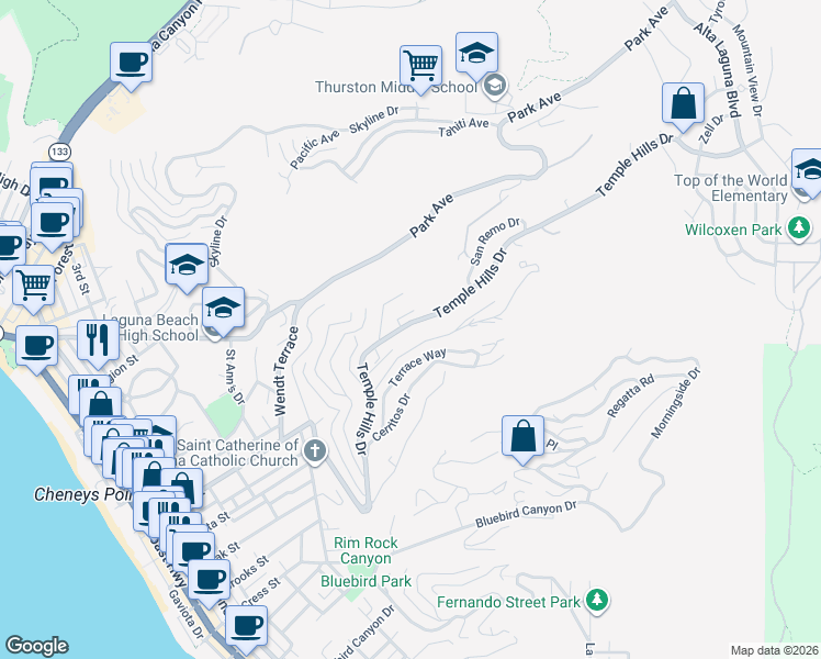map of restaurants, bars, coffee shops, grocery stores, and more near 1737 Temple Hills Drive in Laguna Beach