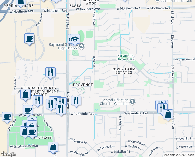 map of restaurants, bars, coffee shops, grocery stores, and more near 8812 West State Avenue in Glendale