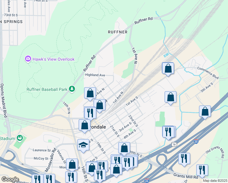 map of restaurants, bars, coffee shops, grocery stores, and more near 2300 2nd Avenue North in Irondale