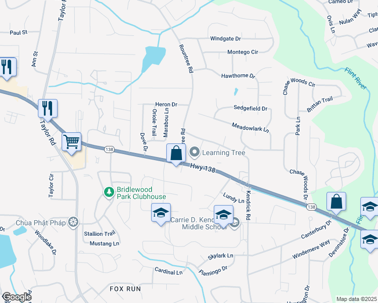 map of restaurants, bars, coffee shops, grocery stores, and more near 31 Rountree Road in Riverdale
