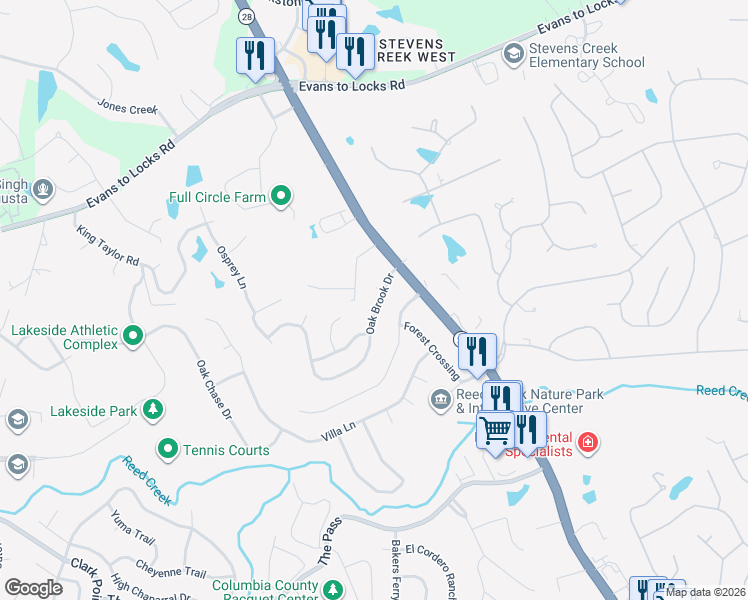 map of restaurants, bars, coffee shops, grocery stores, and more near 592 Oak Brook Drive in Martinez