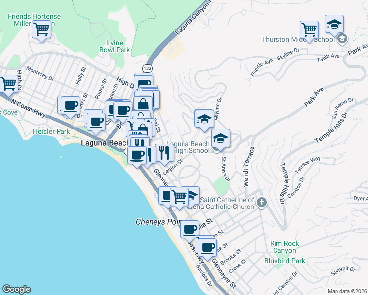 map of restaurants, bars, coffee shops, grocery stores, and more near 510 Blumont Street in Laguna Beach