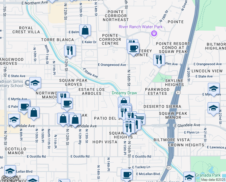 map of restaurants, bars, coffee shops, grocery stores, and more near East Nicolet Avenue in Phoenix