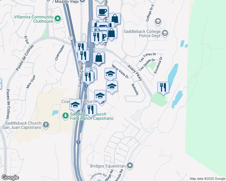 map of restaurants, bars, coffee shops, grocery stores, and more near 26301 Via Escolar in Mission Viejo