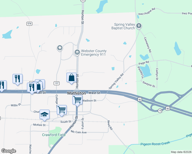 map of restaurants, bars, coffee shops, grocery stores, and more near 165 Sutphin Street in Mathiston