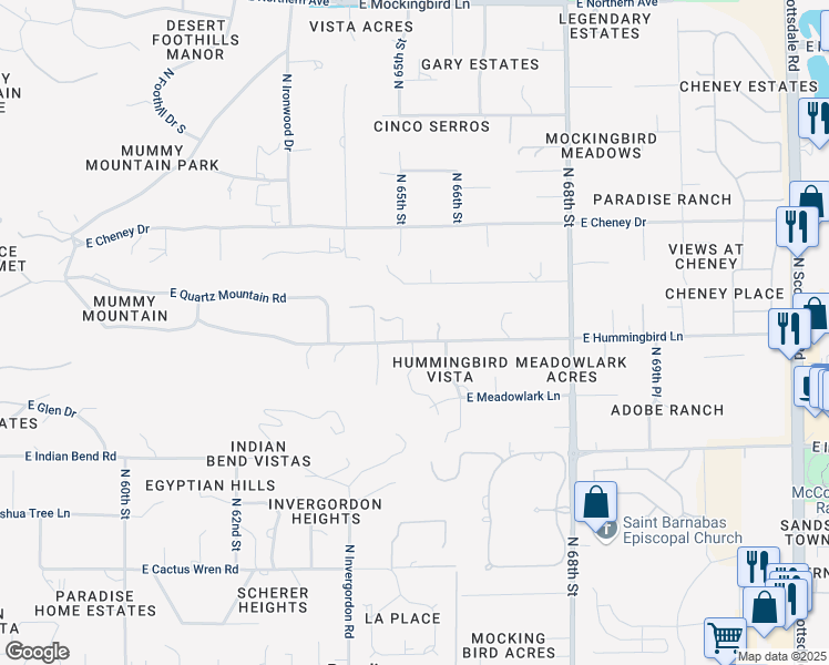 map of restaurants, bars, coffee shops, grocery stores, and more near 6512 East Hummingbird Lane in Paradise Valley