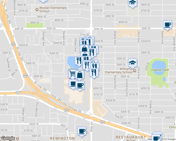 map of restaurants, bars, coffee shops, grocery stores, and more near 5241 57th Street in Lubbock