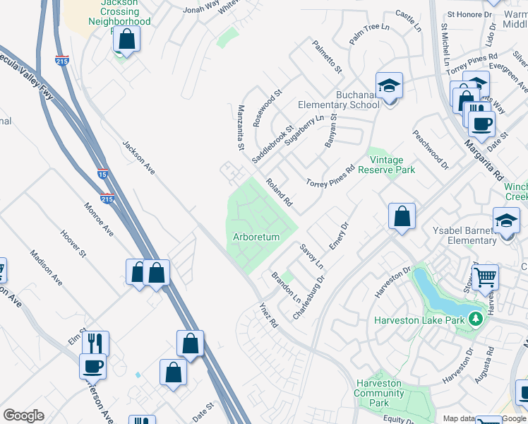 map of restaurants, bars, coffee shops, grocery stores, and more near 26368 Arboretum Way in Murrieta