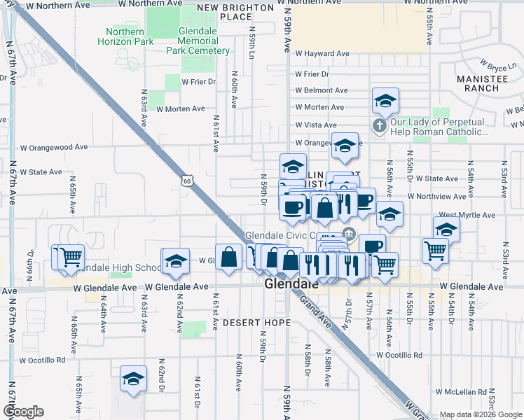 map of restaurants, bars, coffee shops, grocery stores, and more near 7202 North 59th Drive in Glendale