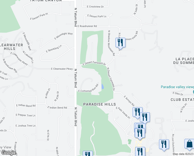 map of restaurants, bars, coffee shops, grocery stores, and more near 5045 East Cottontail Run Road in Paradise Valley