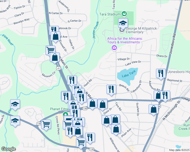 map of restaurants, bars, coffee shops, grocery stores, and more near 902 Hunt Road in Jonesboro