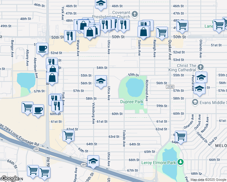 map of restaurants, bars, coffee shops, grocery stores, and more near 4622 55th Drive in Lubbock