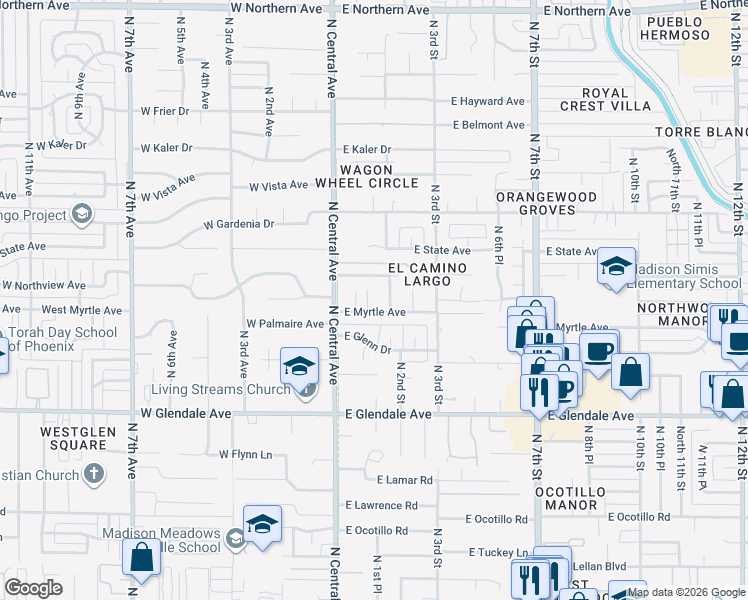 map of restaurants, bars, coffee shops, grocery stores, and more near 19 East Northview Avenue in Phoenix