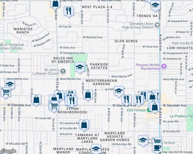 map of restaurants, bars, coffee shops, grocery stores, and more near 4802 West Nicolet Avenue in Glendale