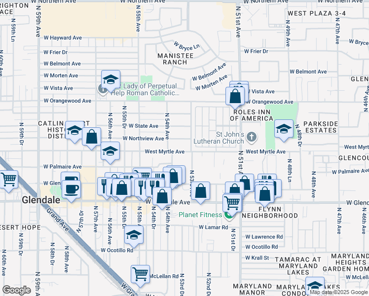 map of restaurants, bars, coffee shops, grocery stores, and more near 5301 West Northview Avenue in Glendale