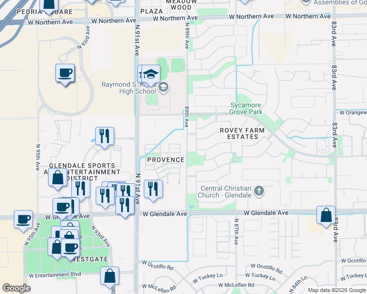 map of restaurants, bars, coffee shops, grocery stores, and more near 8950 West State Avenue in Glendale