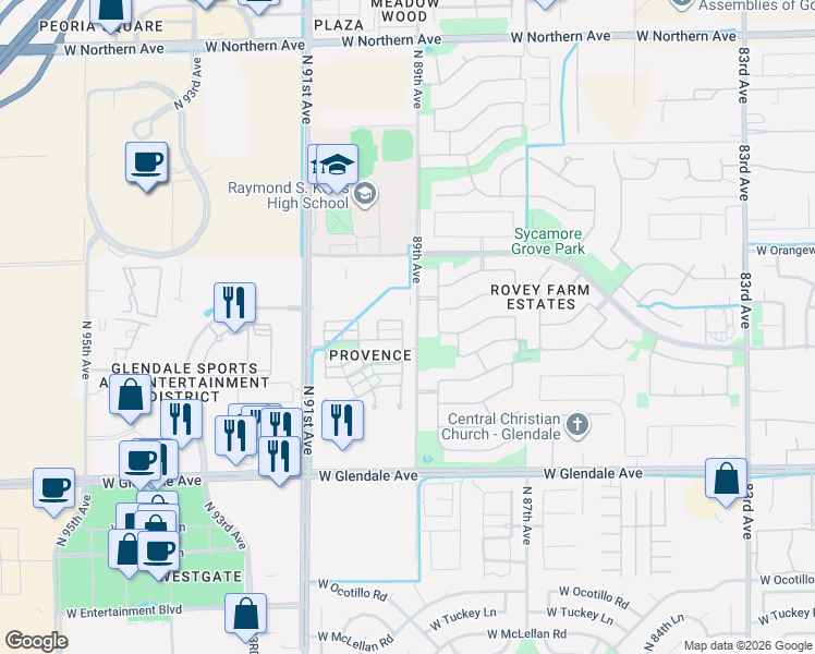 map of restaurants, bars, coffee shops, grocery stores, and more near 8950 West State Avenue in Glendale