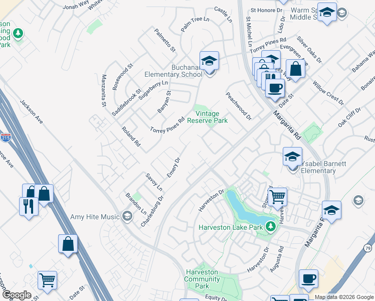 map of restaurants, bars, coffee shops, grocery stores, and more near 40225 Emery Drive in Temecula