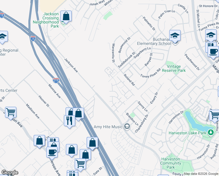 map of restaurants, bars, coffee shops, grocery stores, and more near 26313 Arboretum Way in Murrieta