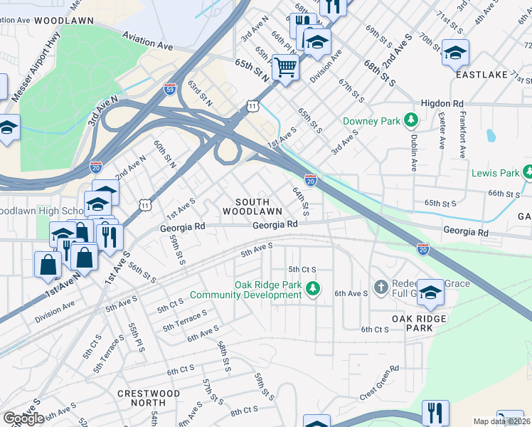 map of restaurants, bars, coffee shops, grocery stores, and more near 6213 3rd Avenue South in Birmingham