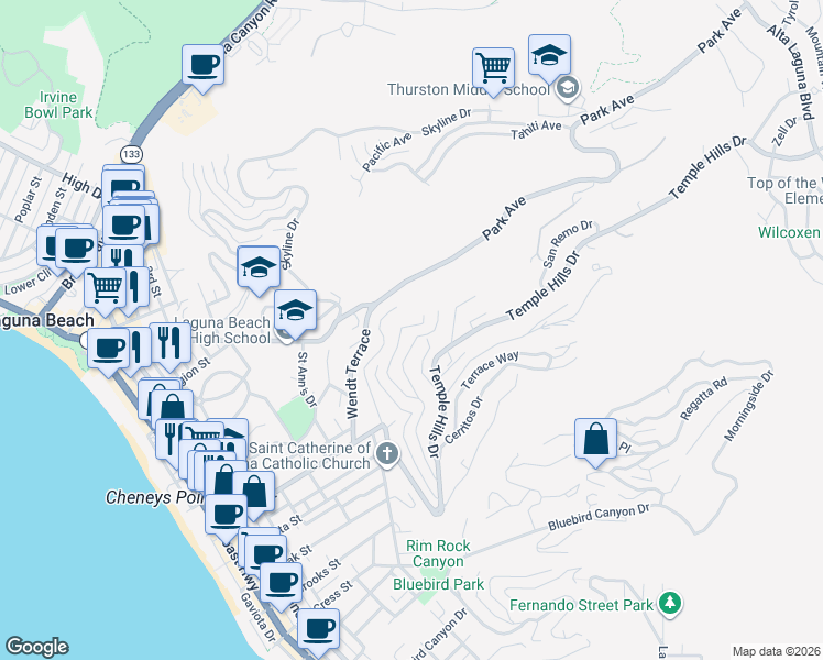 map of restaurants, bars, coffee shops, grocery stores, and more near 528 Temple Hills Drive in Laguna Beach