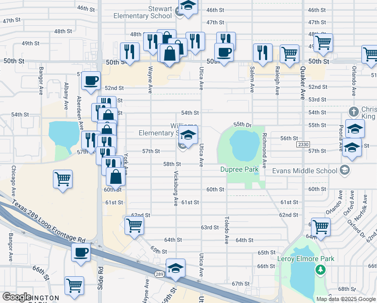 map of restaurants, bars, coffee shops, grocery stores, and more near 4812 58th Street in Lubbock