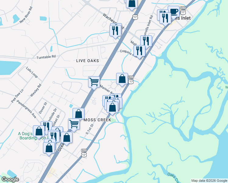 map of restaurants, bars, coffee shops, grocery stores, and more near 41 Moss Creek Loop in Murrells Inlet