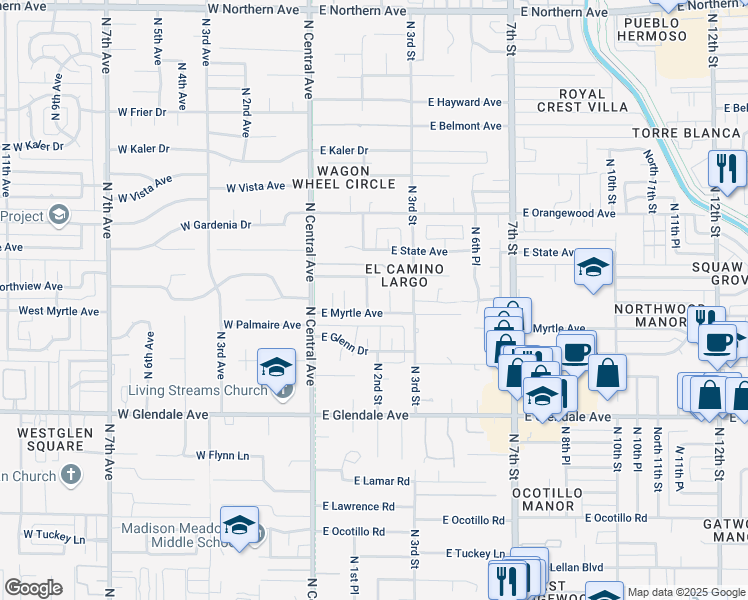 map of restaurants, bars, coffee shops, grocery stores, and more near 131 East Northview Avenue in Phoenix