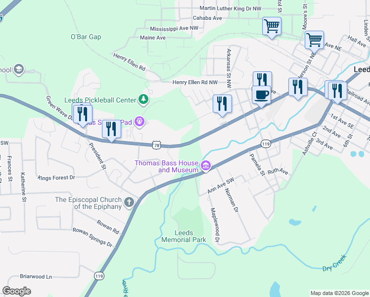 map of restaurants, bars, coffee shops, grocery stores, and more near 7430 Parkway Drive Southeast in Leeds