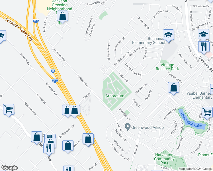 map of restaurants, bars, coffee shops, grocery stores, and more near 26319 Arboretum Way in Murrieta