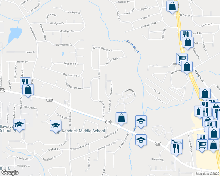 map of restaurants, bars, coffee shops, grocery stores, and more near 370 Haverhill Lane in Jonesboro