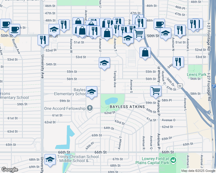 map of restaurants, bars, coffee shops, grocery stores, and more near in Lubbock