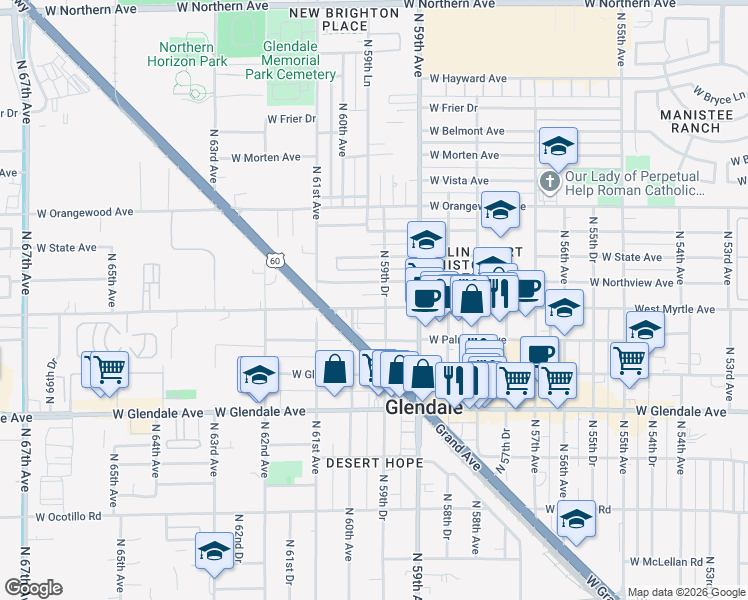 map of restaurants, bars, coffee shops, grocery stores, and more near 5941 West Northview Avenue in Glendale