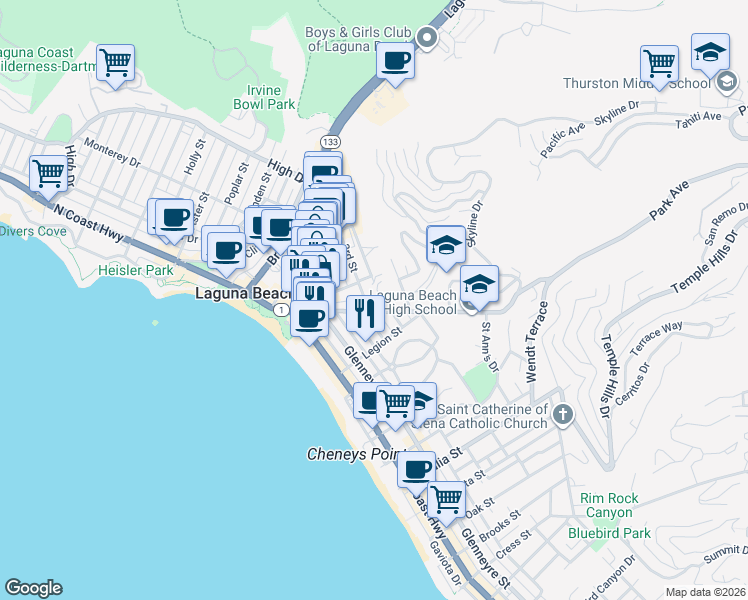 map of restaurants, bars, coffee shops, grocery stores, and more near 468 3rd Street in Laguna Beach